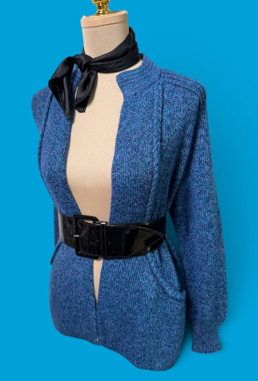 Vintage 70s Designers Threads 100% Alpaca Cardigan Peru Blue Boho Sweater Cozy